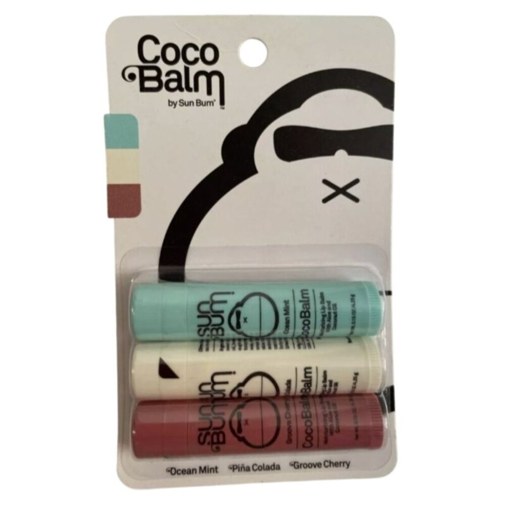 Coco Balm Sun Bum Lip Balm Flavored Groove Cherry Ocean Mint Pina Colada 3 Pack